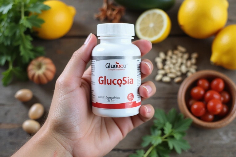 A hand holding a Glucosilae supplement bottle, with a blurred background of natural ingredients like herbs and fruits, symbolizing wellness and health.