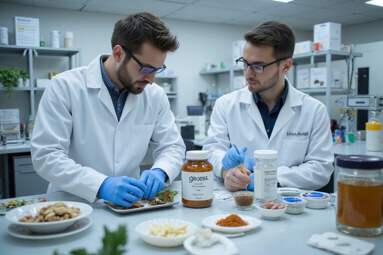 Laboratory research and development of Glucosilae supplements, showing scientists in white coats working with natural ingredients and advanced equipment.